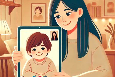 Un parent et un enfant profitant d'un moment de connexion via un appel vidéo, illustrant l'importance de la communication dans le co-ouderschap à distance.
