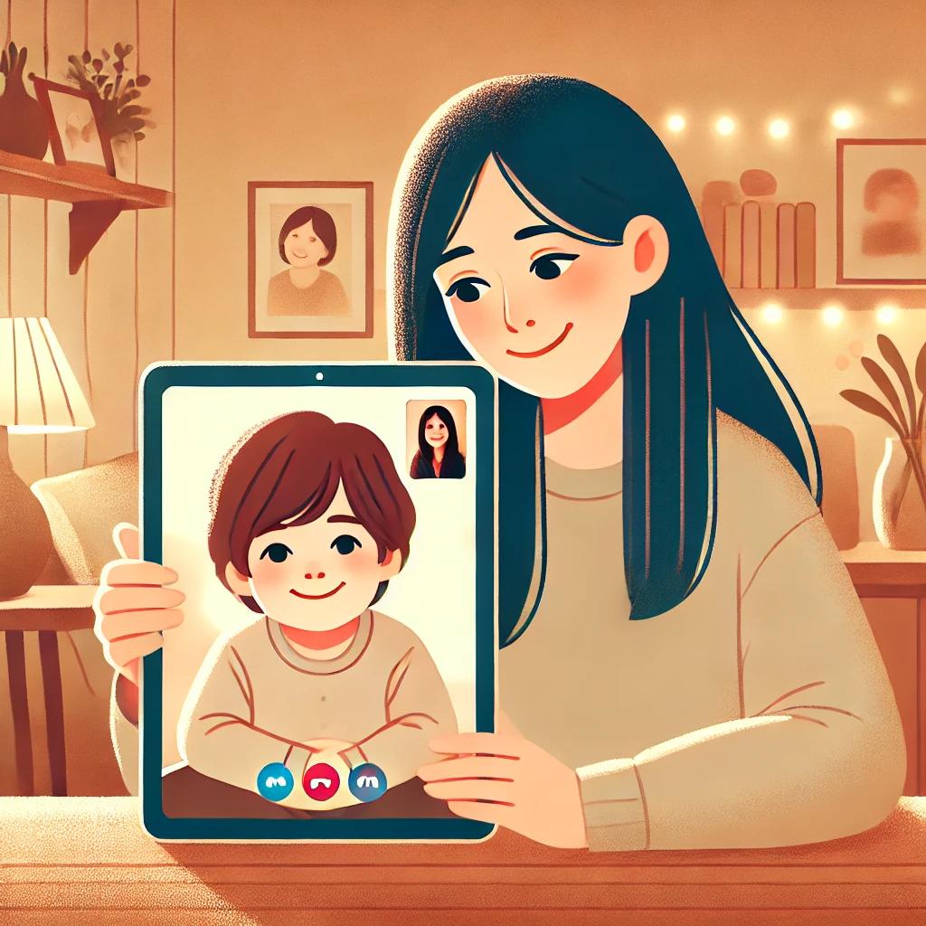 Un parent et un enfant profitant d'un moment de connexion via un appel vidéo, illustrant l'importance de la communication dans le co-ouderschap à distance.