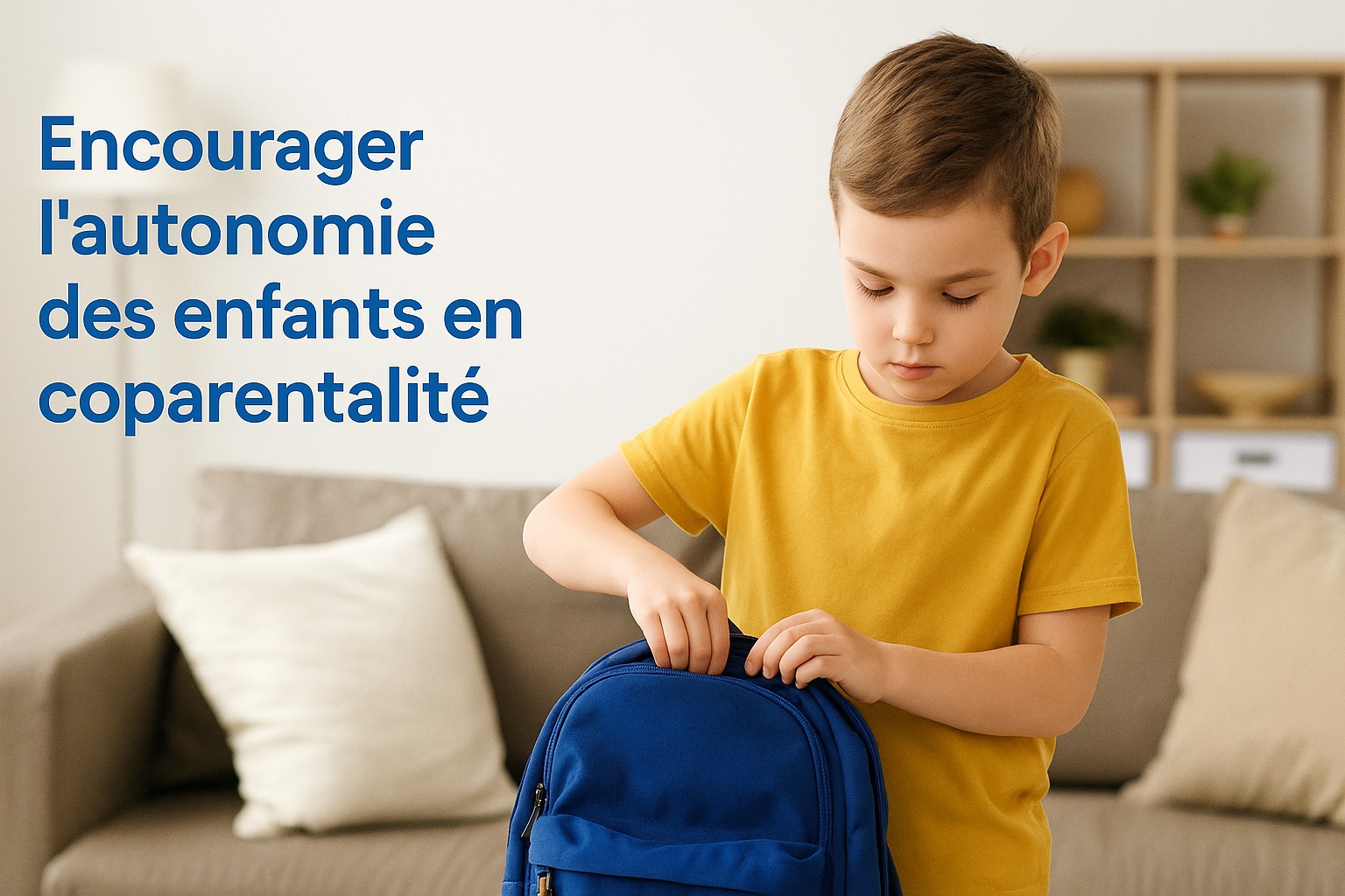 Un jeune garçon prépare soigneusement son sac à dos dans un salon lumineux, illustrant l’apprentissage de l’autonomie dans un contexte de coparentalité.