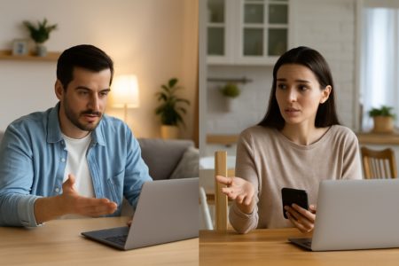 Un père et une mère séparés discutent chacun depuis leur salon, via ordinateur, illustrant une communication à distance dans un cadre apaisé.