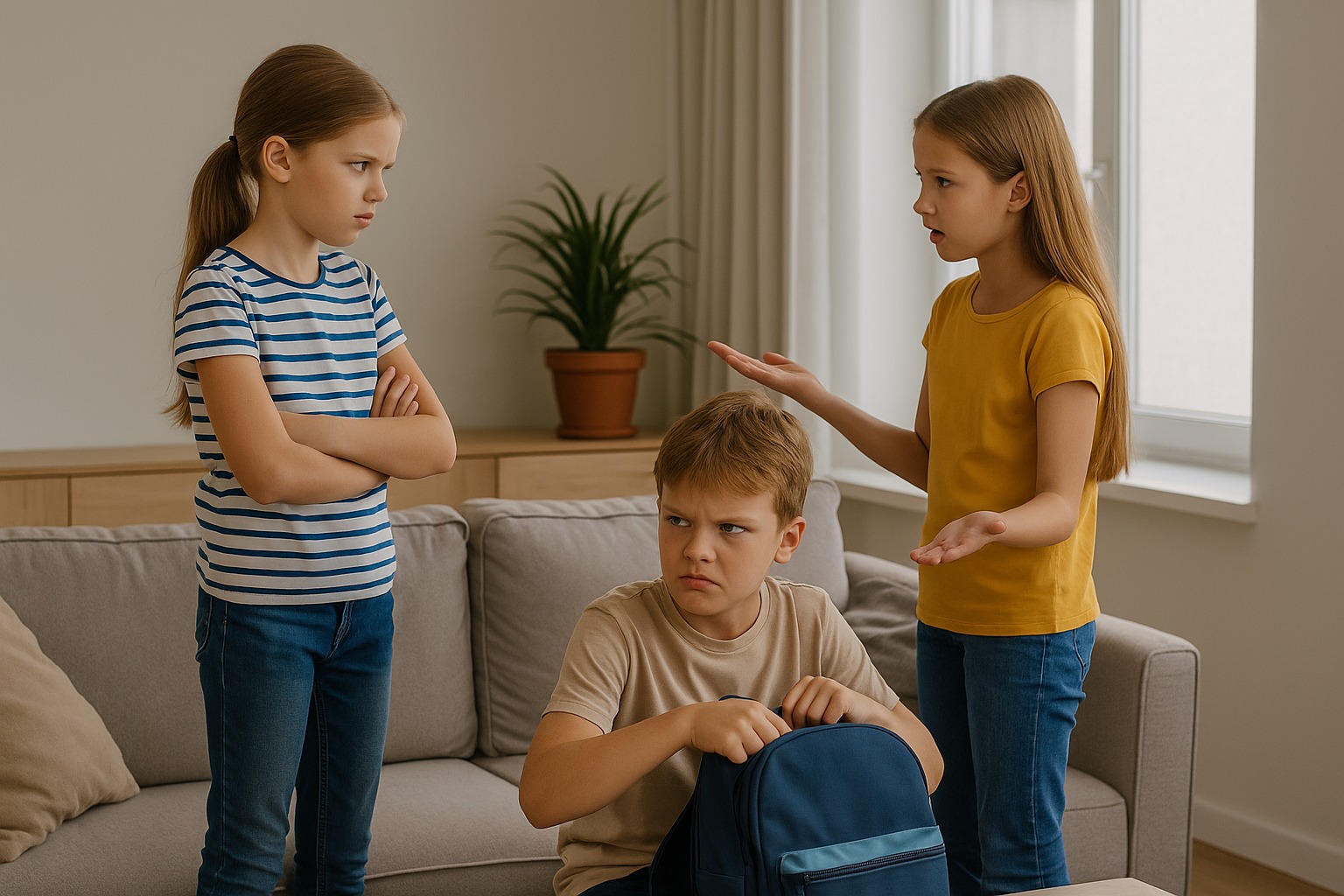 Trois enfants dans un salon se disputent, incarnant les tensions typiques d’une fratrie recomposée.