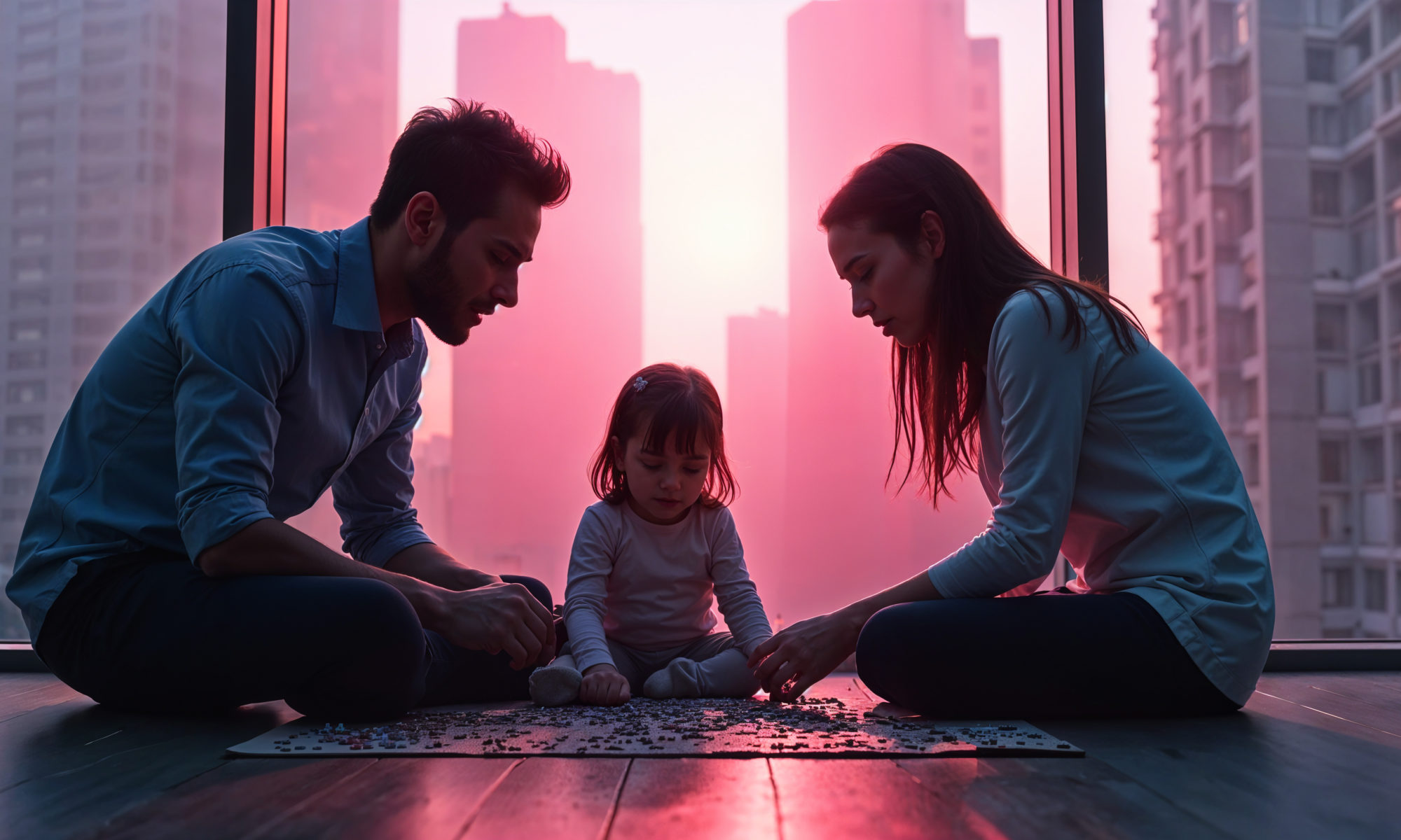 Co-operative parenting in shared custody: mother and father peacefully engage in a puzzle activity with their child at home, symbolizing effective communication and child-focused co-parenting.