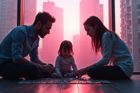 Co-operative parenting in shared custody: mother and father peacefully engage in a puzzle activity with their child at home, symbolizing effective communication and child-focused co-parenting.