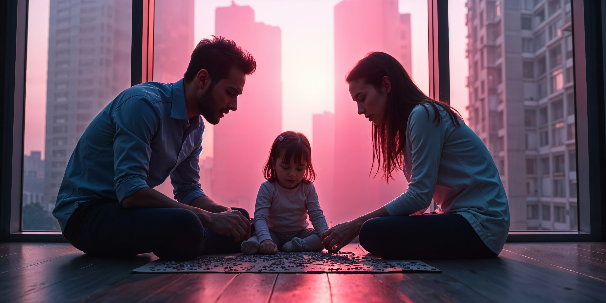 Co-operative parenting in shared custody: mother and father peacefully engage in a puzzle activity with their child at home, symbolizing effective communication and child-focused co-parenting.
